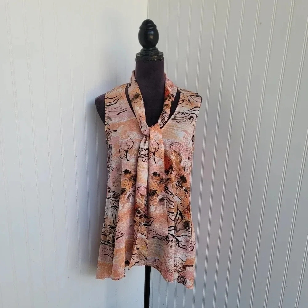 Nicole Max Sleeveless Orange Pink Top Blouse Tie Neck Boho Sz M